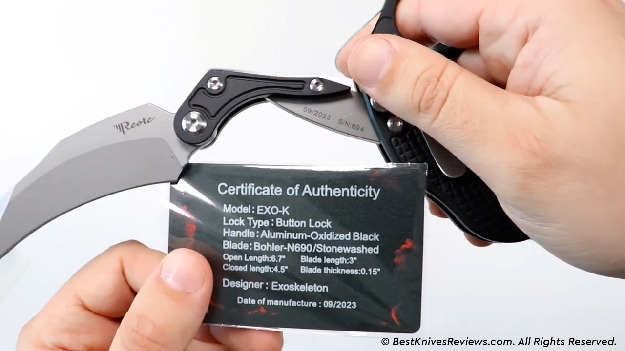 Reate Exo-K certificate of authenticity